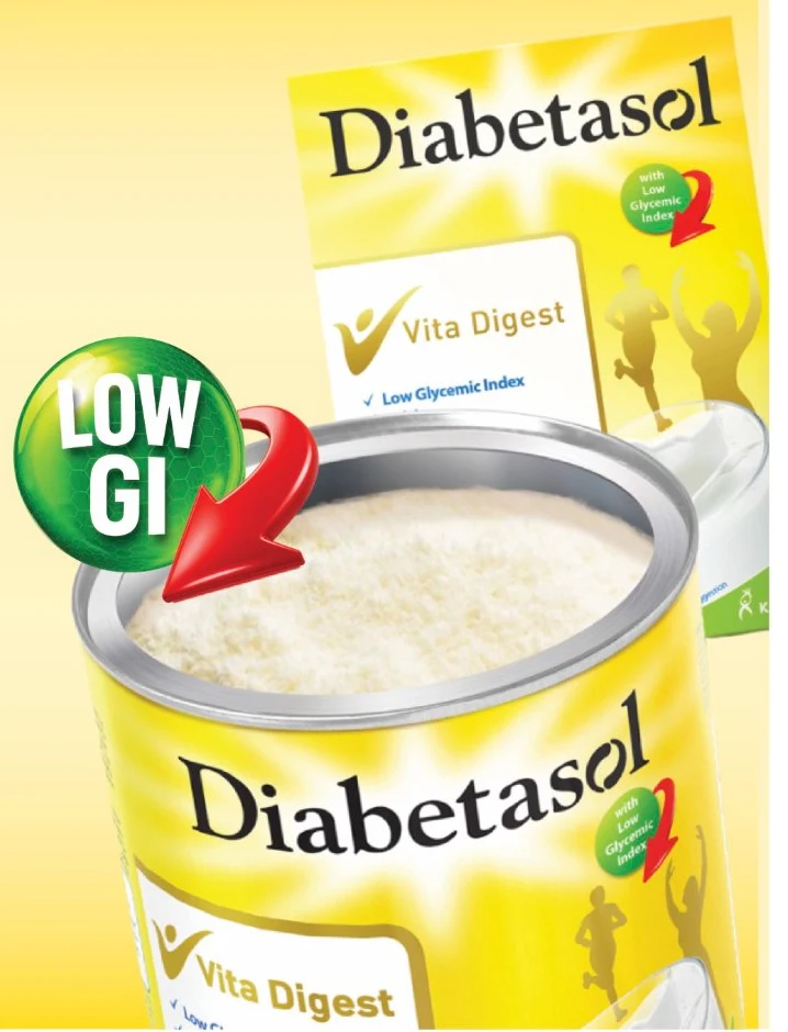 Open Diabetasol tin showing the powder